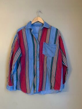 Vintage Denim Stripe Patchwork 90s Button Up Shirt Jean Shirt Check Measurements
